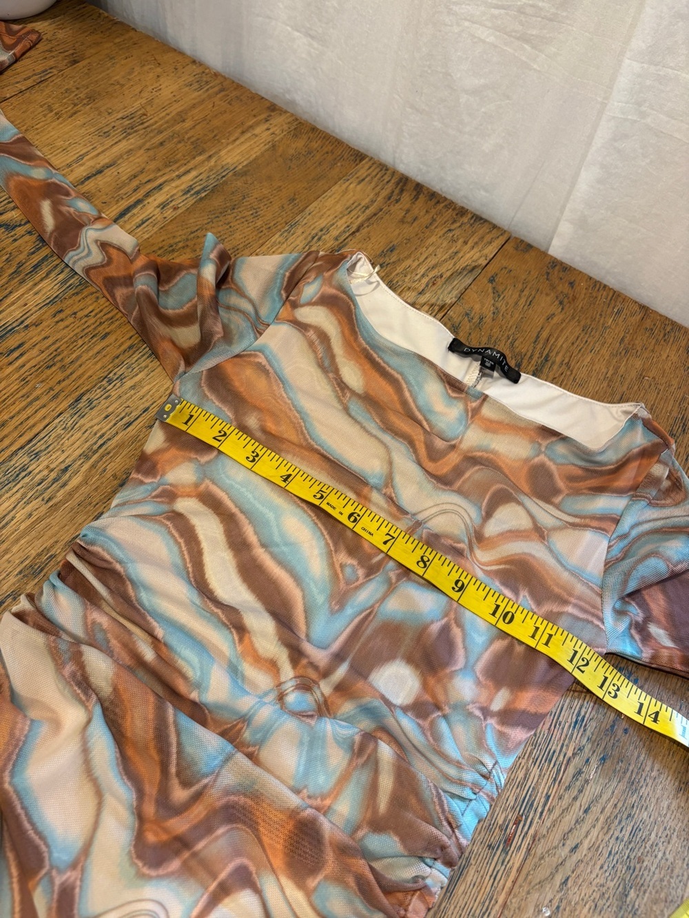 Dynamite Mesh Ruched Mini Dress – Abstract Marble Print – Brown & Blue – Size XS - Picture 9 of 11
